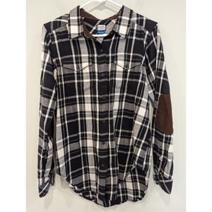 Kavu Billie Jean Black Birch Elbow Patch Flannel Button Down Shirt Small